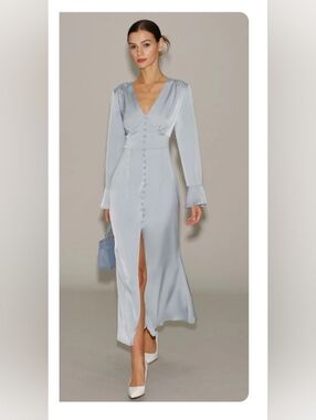 Rihoas Grey Satin Bell Sleeve Maxi. Size Medium